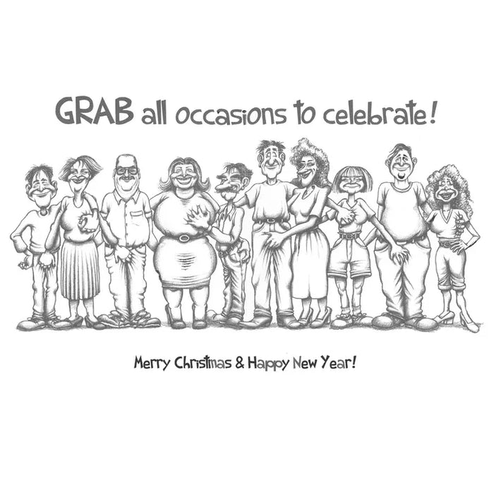 Cartoon illustration of a group of people with text 'GRAB all occasions to celebrate! Merry Christmas & Happy New Year!'