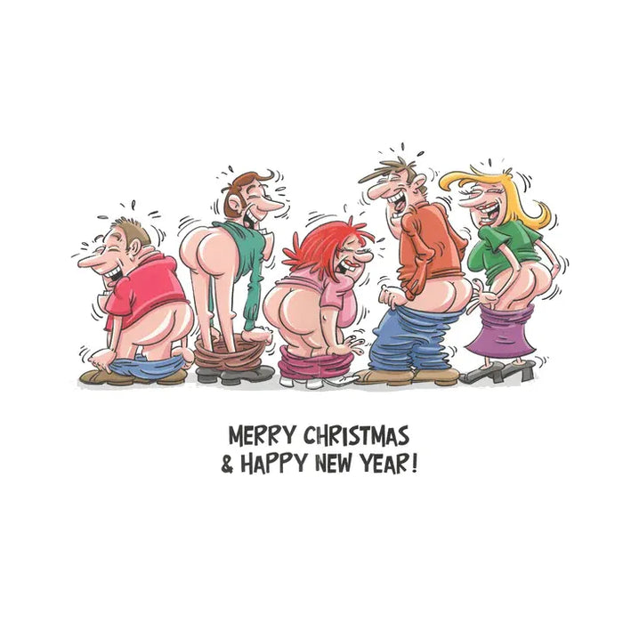 Cartoon characters with a humorous take on Christmas and New Year's Day, featuring a white background.