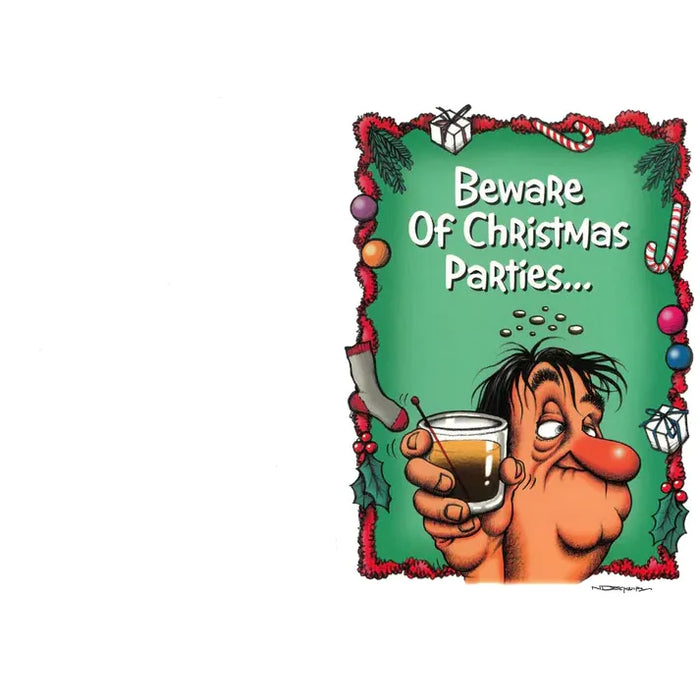 Cartoon character holding a drink with festive border and text 'Beware Of Christmas Parties' on a green background.