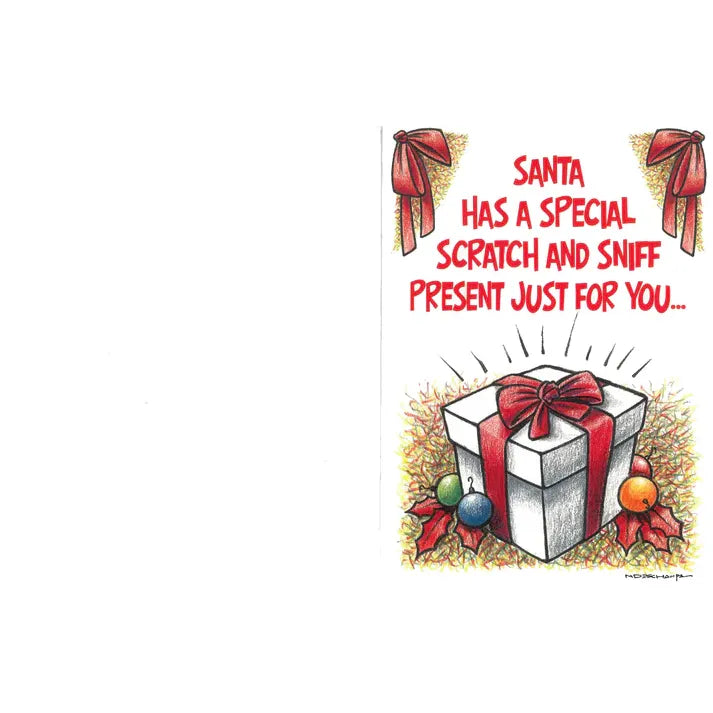 Cartoon gift box with red ribbon and ornaments, text 'Santa has a special scratch and sniff present just for you', on a white background.