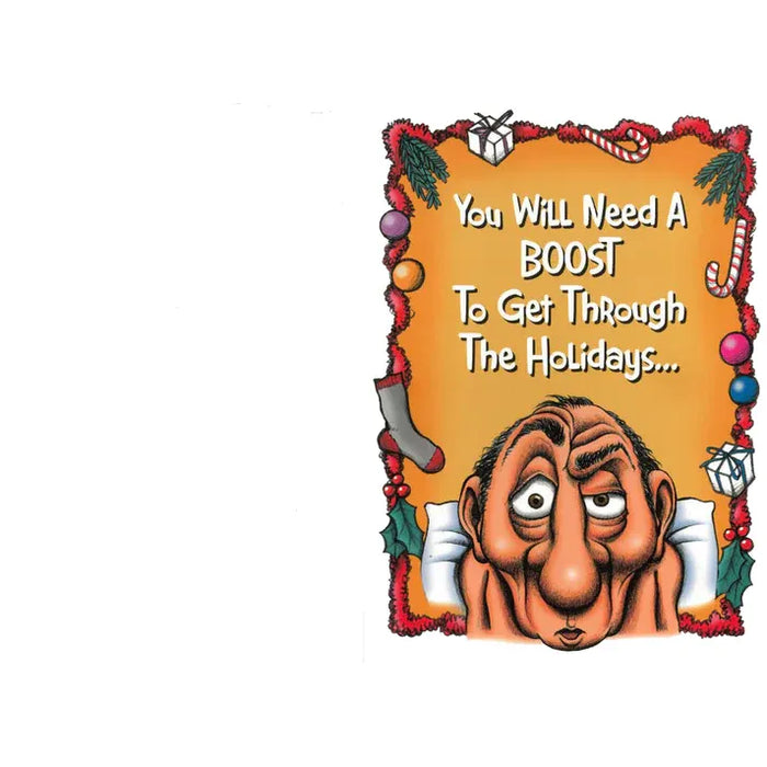 Cartoon character with text about needing a boost during holidays, surrounded by festive decorations.