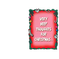 Red card with Christmas-themed border and text 'Very Deep Thoughts for Christmas' on a white background