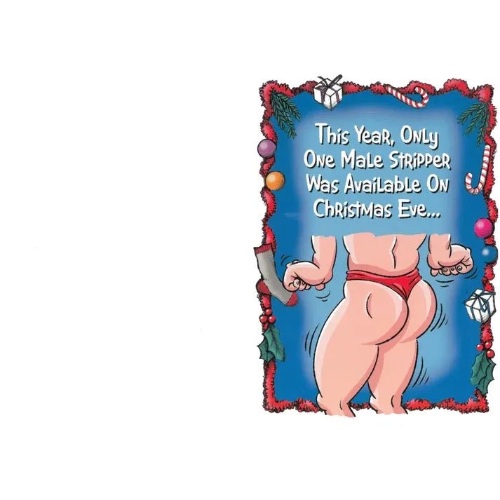 Cartoon of a male stripper with text on a blue background with Christmas decorations.
