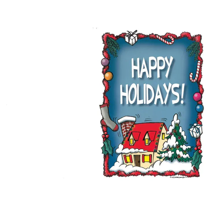 Cartoon house with 'Happy Holidays!' text and festive border on a white background