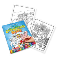 Adult Coloring Book with intricate designs. The image shows the cover of the book with a colorful design and a person coloring a page depicting cartoon-like characters.