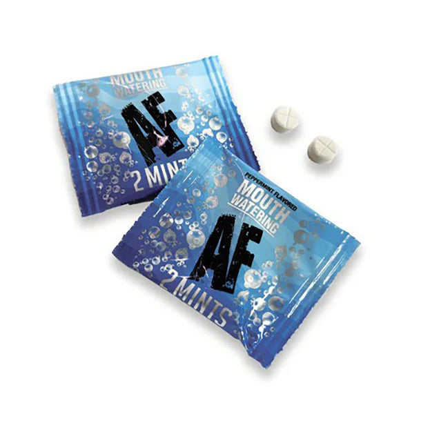 Two blue packages of AF Mints on a white background
