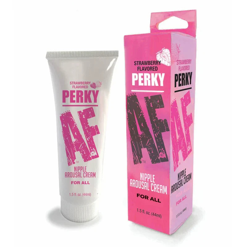 perky af strawberry nipple arousal gel in tube and beside box packaging
