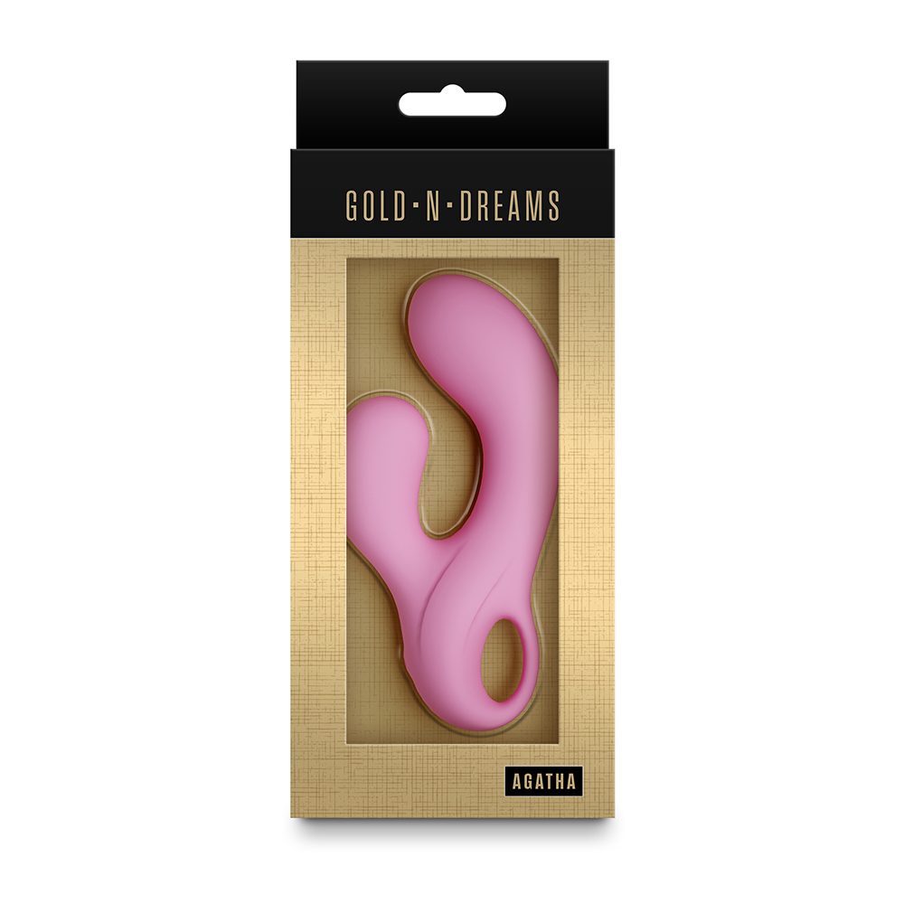 agatha Pink vibrator in a Gold N Dreams packaging on a white background