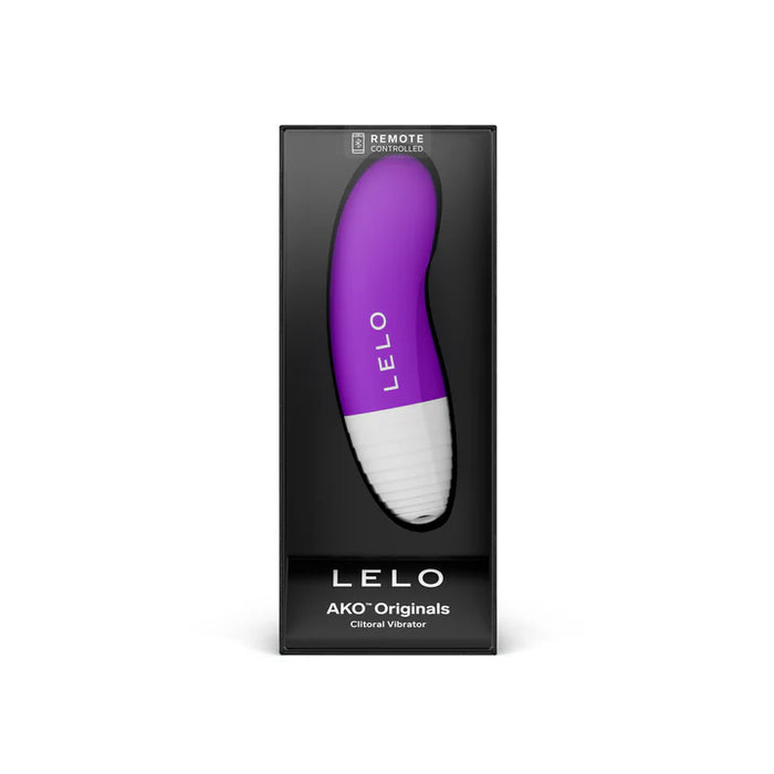 Purple and white Lelo vibrator in packaging on a white background