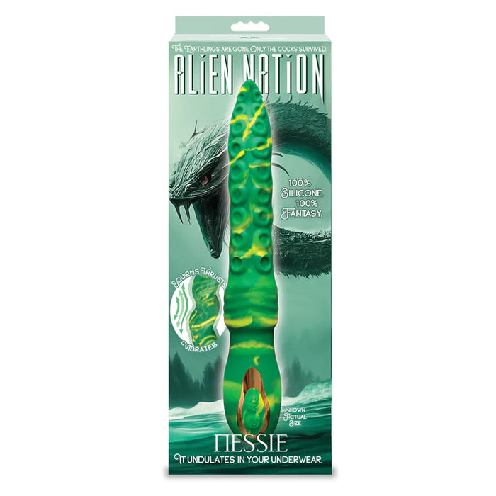 Package of 'Alien Nation' nessie squirming vibrator with green and white design