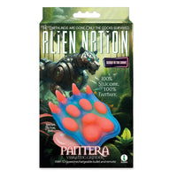 blue and orange paw shaped vibrating grinder with alien panther on box packaging