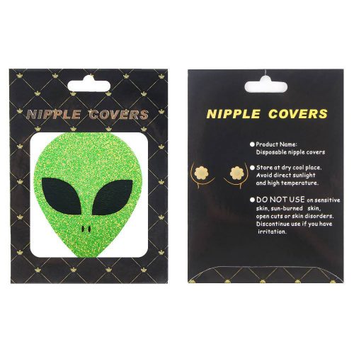 Nipple cover packaging with green alien design on a black background