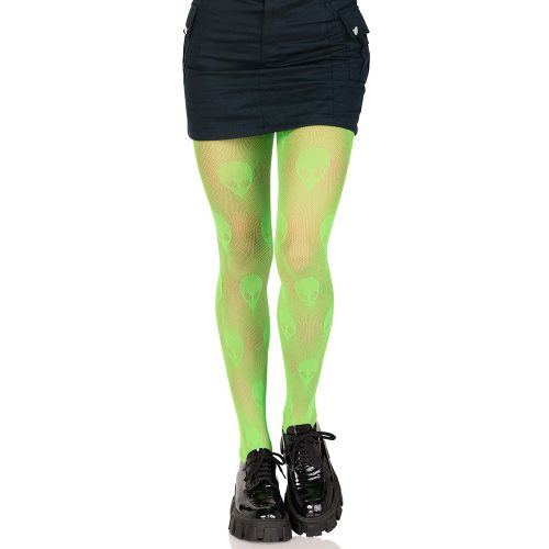 Person wearing green alien-patterned tights on a white background
