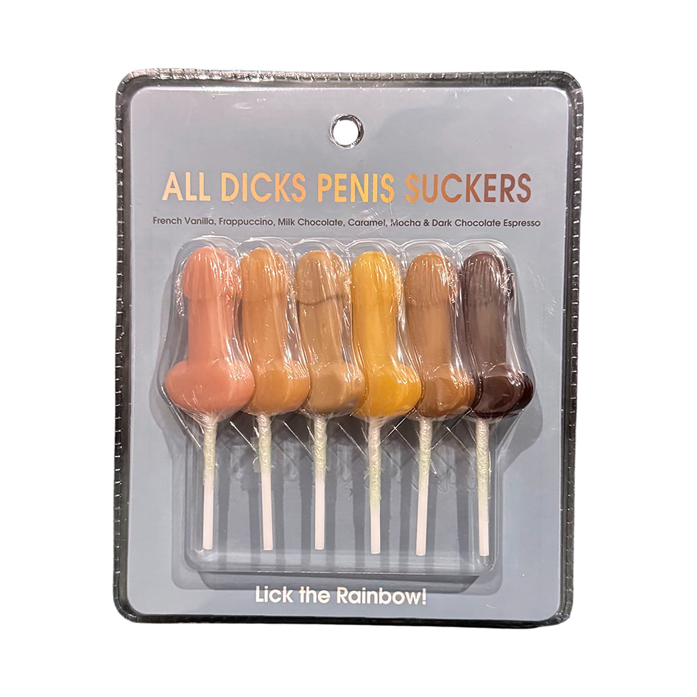 Packaged product labeled 'All Dicks Penis Suckers' with colorful suckers on a white background.