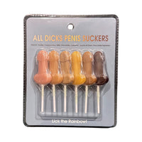 Packaged product labeled 'All Dicks Penis Suckers' with colorful suckers on a white background.