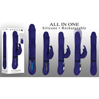 navy blue vibrator with thrusting action and rabbit clitoral stimulator