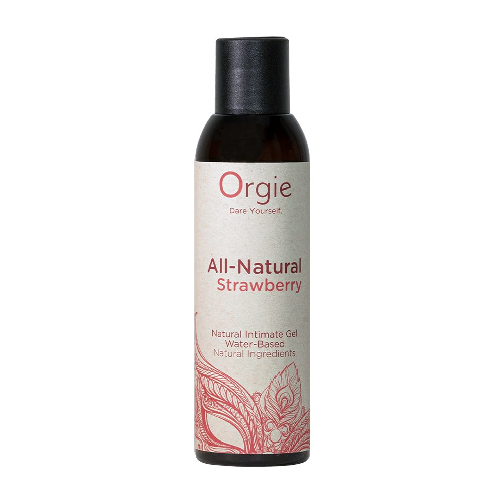 Orgie All-Natural Strawberry intimate gel bottle on a white background