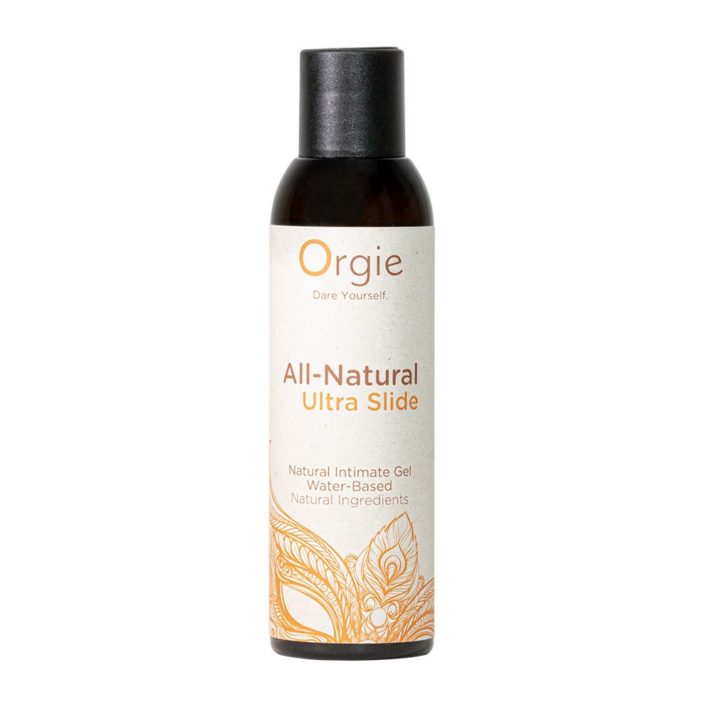 Bottle of Orgie All-Natural Ultra Slide intimate gel on a white background