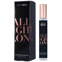 black label, with rose gold writing on clear roll on bottle.  beside black box packaging, al night long scent