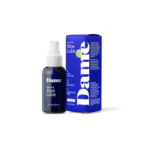 Dame essential aloe lube bottle and packaging on a white background