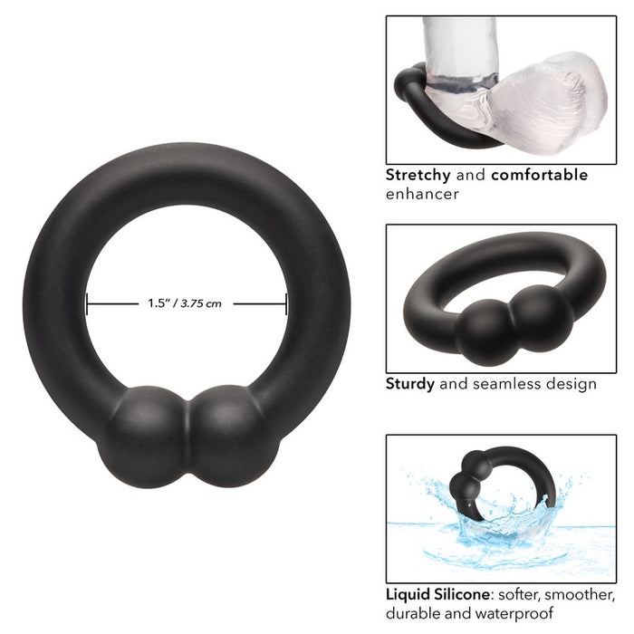 black silicone penis ring with measurements and information
