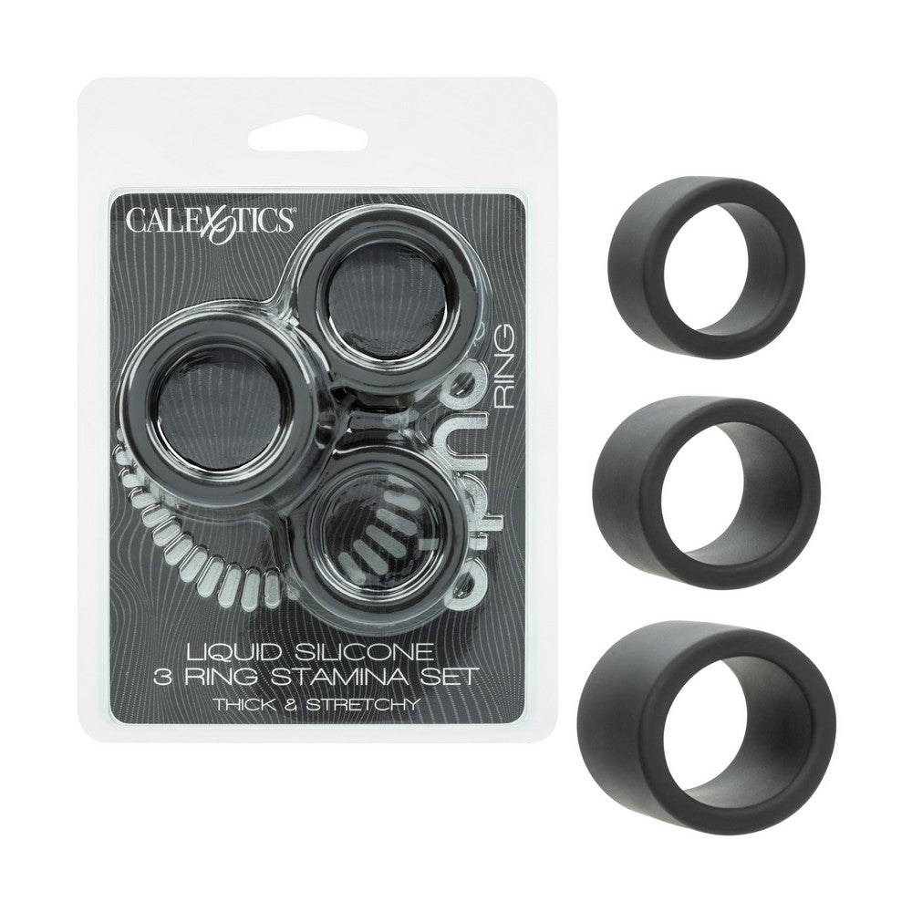 CalExotics liquid silicone 3 ring stamina set, featuring three black silicone rings displayed next to their retail blister packaging.