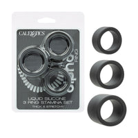CalExotics liquid silicone 3 ring stamina set, featuring three black silicone rings displayed next to their retail blister packaging.