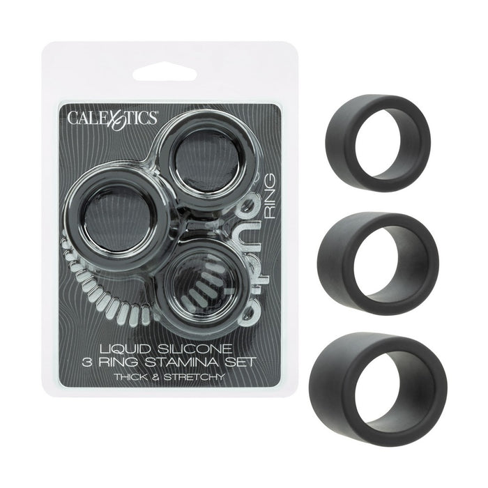 CalExotics liquid silicone 3 ring stamina set, featuring three black silicone rings displayed next to their retail blister packaging.