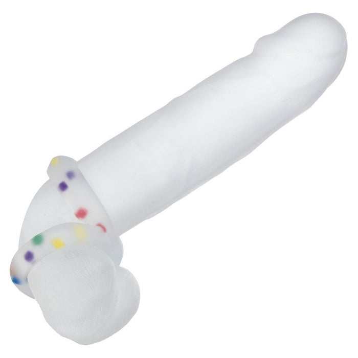 dildo with crazy 8 party cock ring around shaft and balls