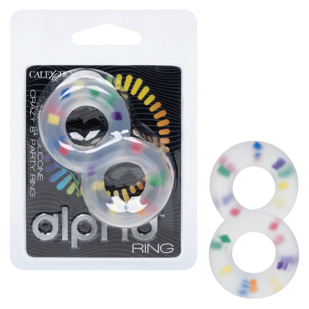 Silicone cock ring with colorful design in packaging, featuring the brand 'alpha'.