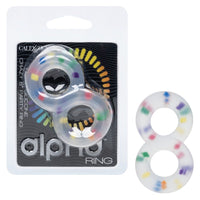 Silicone cock ring with colorful design in packaging, featuring the brand 'alpha'.