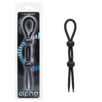 black lasso cock ring with black beads on a white background, featuring the brand 'alpha'.