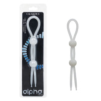 White lasso cock ring with white beads on a white background, featuring the brand 'alpha'.