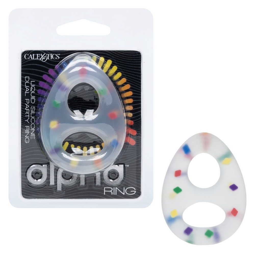 Alpha ring with colorful design on packaging