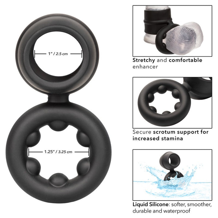 black silicone penis ring with attached scrotum ring with measurements and information