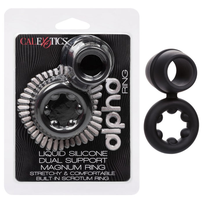 black silicone penis ring with attached scrotum ring next to clear package