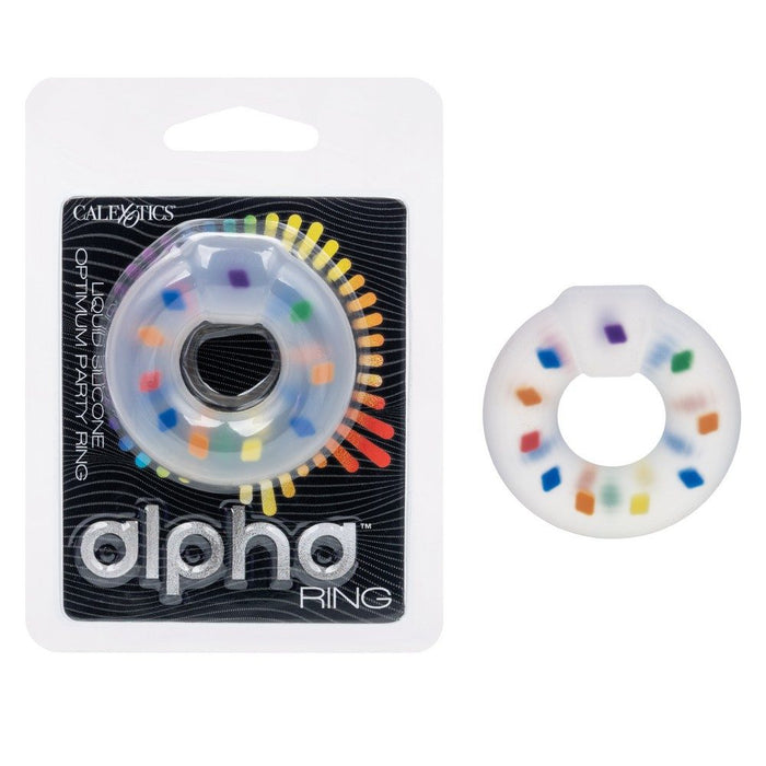 Silicone cock ring with colorful design on packaging, featuring the brand 'alpha'.