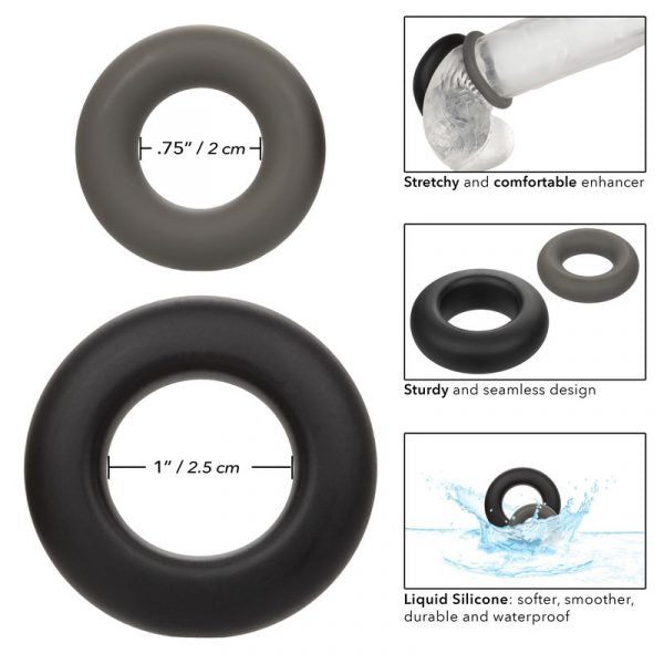 2 piece silicone black and grey rings with measurements and information