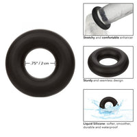 black medium silicone penis ring with measurements and information