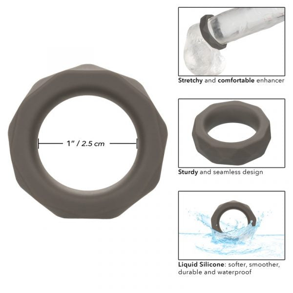grey silicone octagon shaped penis ring with measurements and information