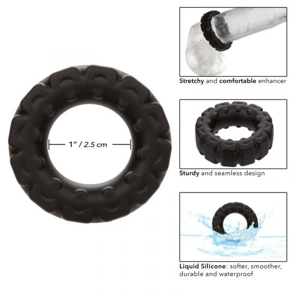 black silicone tread textured penis ring with measurements and information
