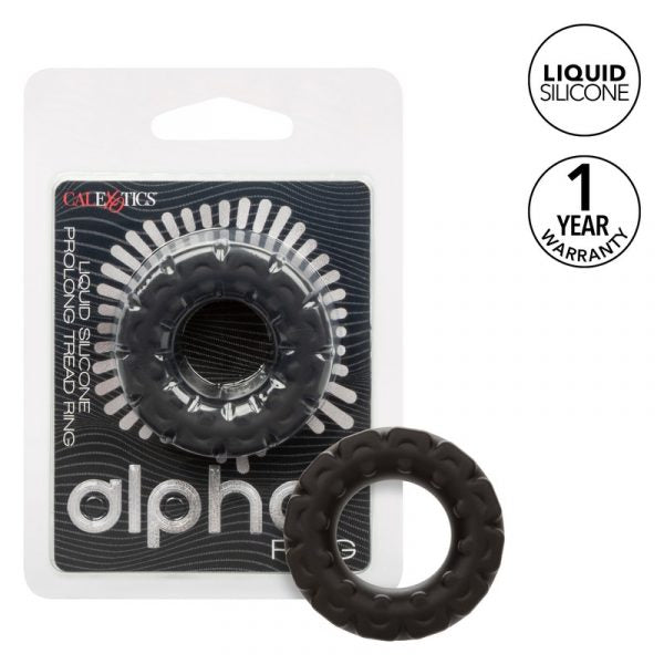 black silicone tread textured penis ring in front of clear package