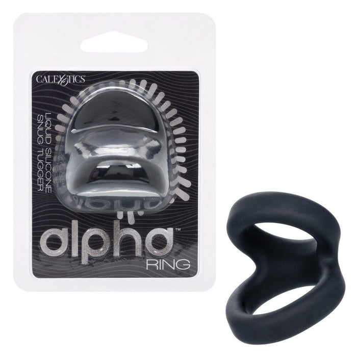 Black cock ring with packaging labeled 'alpha Ring' by Calexotics on a white background