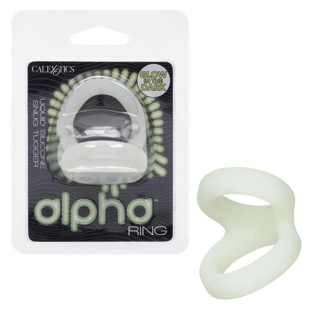 Glow-in-the-dark silicone ring with packaging labeled 'Alpha Ring' on a white background.