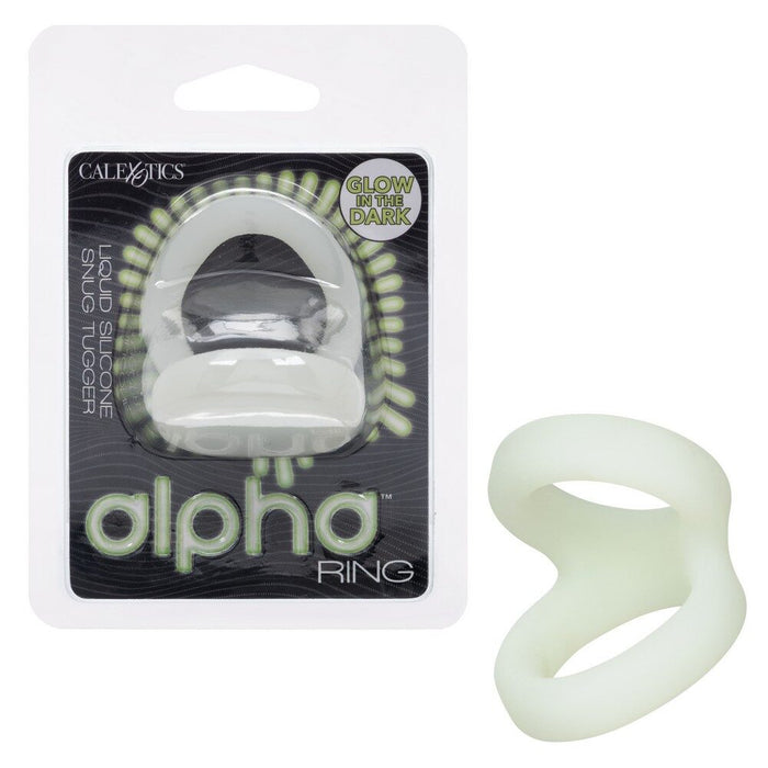 Glow-in-the-dark silicone ring with packaging labeled 'Alpha Ring' on a white background.