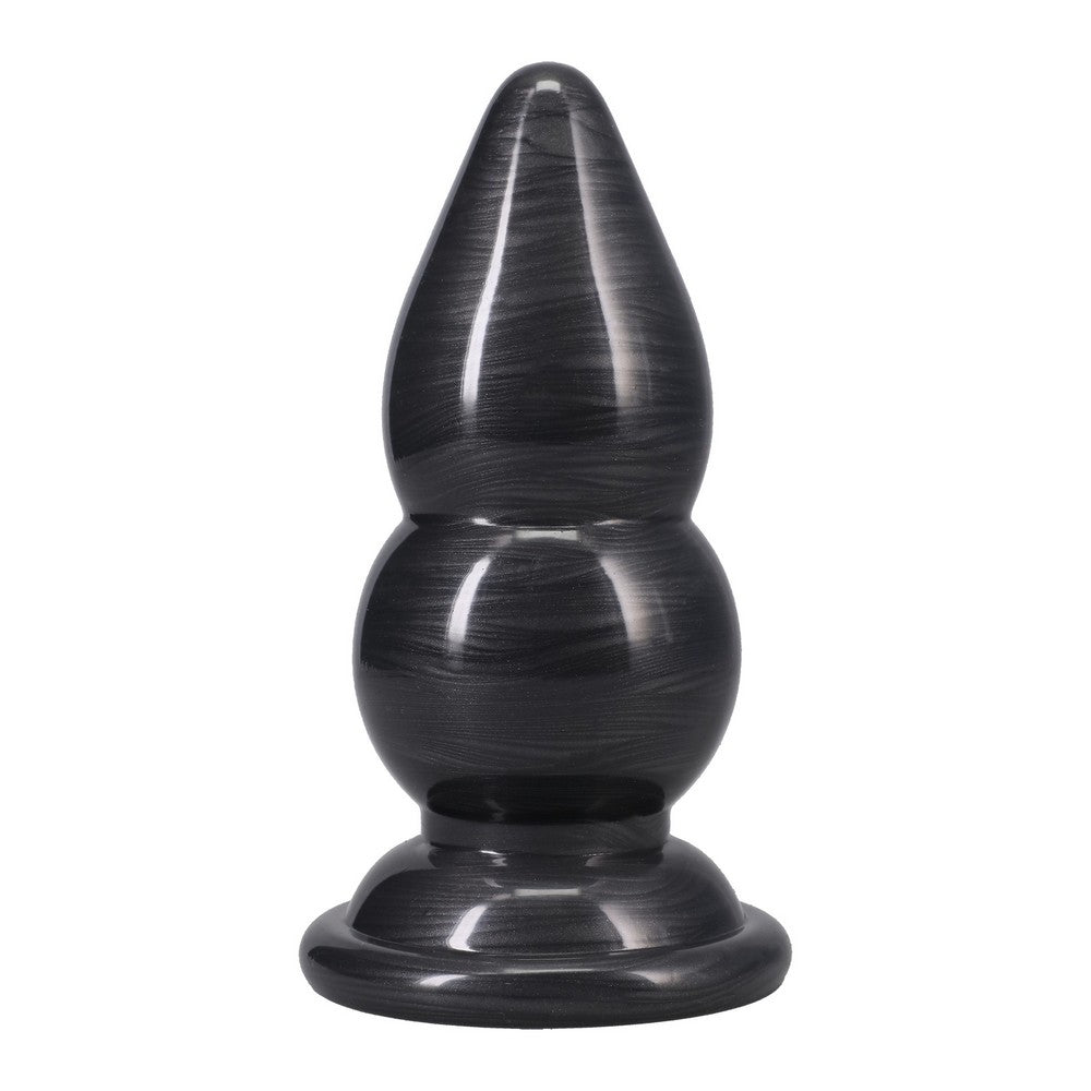 Black anal plug with a teardrop shape on a white background