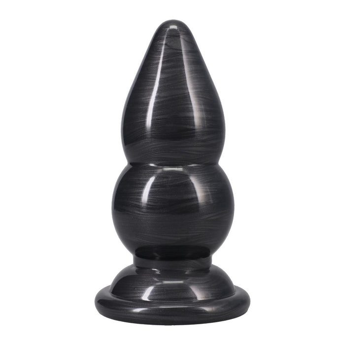 Black anal plug with a teardrop shape on a white background