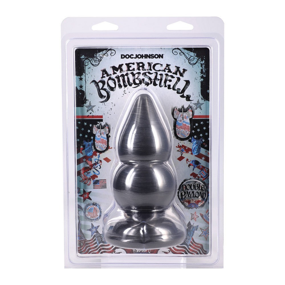 Metallic butt plug in packaging with 'Doc Johnson' branding on a white background