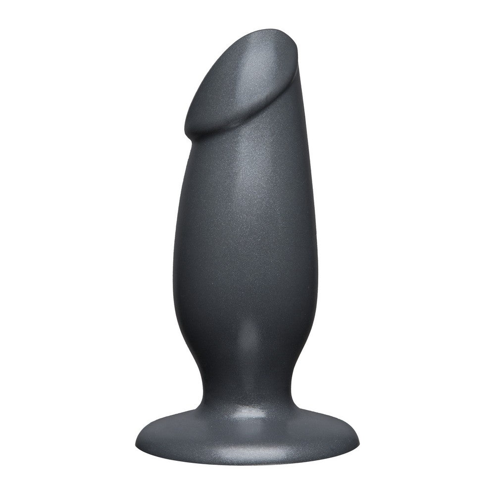 Grey silicone butt plug on a white background