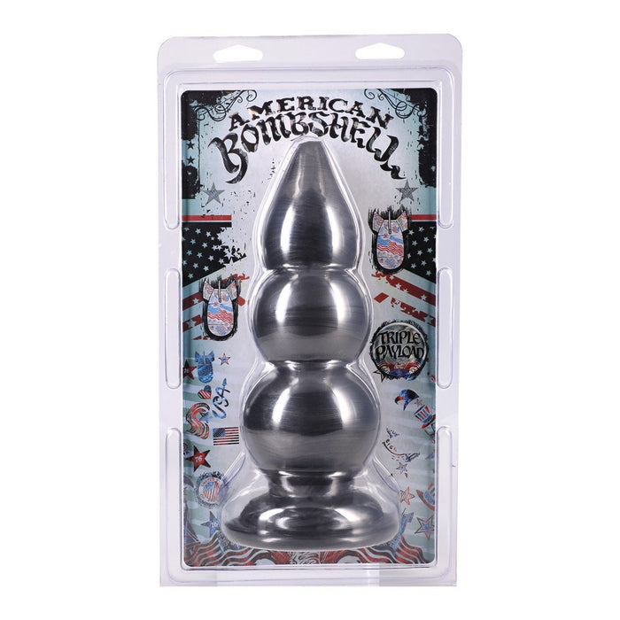 Metallic butt plug in packaging with 'American Bombshell' branding.
